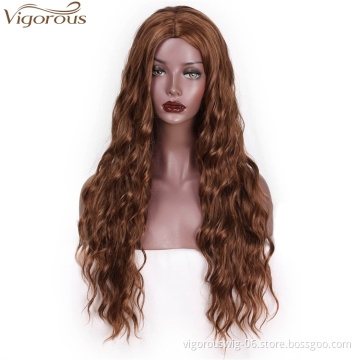 Vigorous Brown Color Long Water Wave Hairstyle Wigs for Women Synthetic Hair High Temperature Fiber Real Natural